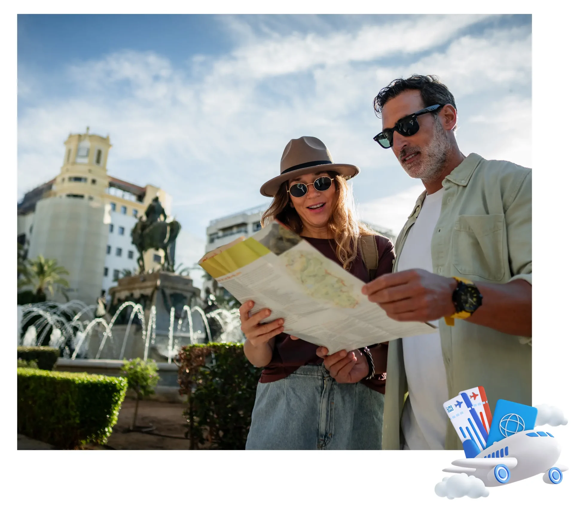 Couple exploring city with map